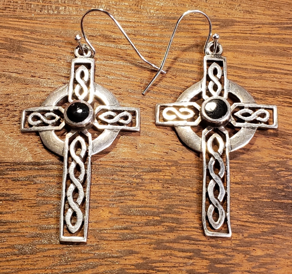 Sterling silver cross and onyx earrings